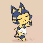  advos animal_crossing animated ankha_(animal_crossing) anthro barefoot blue_hair clothing dancing domestic_cat dress eyes_closed feet felid feline felis female frown fur hair jewelry mammal necklace nintendo pink_background simple_background solo watermark white_clothing white_dress yellow_body yellow_fur 