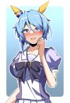  1girl @_@ animal_ears blue_eyes blue_hair blush border bow breasts commentary_request ear_covers gradient_background hair_between_eyes horse_ears horse_girl ishitsuma_canon k.s.miracle_(umamusume) light_blue_hair looking_at_viewer medium_breasts open_mouth pleated_skirt puffy_short_sleeves puffy_sleeves purple_bow purple_shirt sailor_collar shirt short_hair short_sleeves skirt solo umamusume upper_body white_border white_skirt 