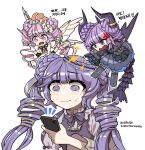  3girls @_@ angel_wings angelo_valmonica anger_vein blonde_hair bow bowtie braid cellphone chibi demon_horns demone_valmonica double_bun drill_hair duel_monster flying hair_bun hands_on_own_hips highres holding holding_phone horns korean_text long_sleeves multicolored_hair multiple_girls open_mouth phone pointing puffy_sleeves purple_eyes purple_hair red_hair shoulder_angel shoulder_devil smartphone smootharmadillo streaked_hair tail twin_drills twintails two-tone_hair valmonica_scelta wings yu-gi-oh! 