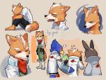  animal_ears animal_nose bandana beak bird_boy brown_background brown_fur closed_eyes closed_mouth commentary crying crying_with_eyes_open english_commentary falco_lombardi fox_boy fox_ears fox_mccloud fox_tail furry furry_male green_eyes hand_on_another&#039;s_back highres jacket knees_up male_focus multiple_views open_clothes open_jacket open_mouth peppy_hare pruh rabbit_boy rabbit_ears red_bandana signature simple_background sitting slippy_toad snout star_fox tail tears trembling white_jacket 