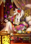  accessory anthro asian_clothing asian_mythology bare_chest canid canine clothed clothing flower flower_in_hair fox fur furniture hair hair_accessory hi_res kemokemono lamp letter long_hair male mammal multi_tail muscular muscular_male mythology plant smoke smoking smoking_pipe solo table tail white_body white_fur window 