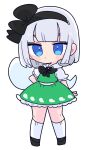  1girl black_footwear black_hairband black_ribbon blue_eyes closed_mouth collared_shirt full_body green_skirt green_vest grey_hair hair_ribbon hairband highres hitodama kneehighs konpaku_youmu konpaku_youmu_(ghost) op_na_yarou ribbon shirt shoes short_hair short_sleeves simple_background skirt socks solo touhou vest white_background white_shirt white_socks 