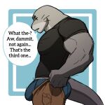  2023 anthro big_bulge biped bottomwear bulge butt clothing digital_media_(artwork) english_text eyebrows grey_body grey_skin hi_res male mammal marine meme muscular muscular_anthro muscular_male open_mouth pants pinniped seal shirt snomflakes solo speech_bubble standing tail talking_to_self text tight_pants_(meme) topwear underwear whiskers 