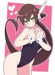  1girl absurdres aile_(mega_man_zx) alternate_costume bare_shoulders black_leotard blush breasts brown_hair buzzlyears closed_mouth covered_navel green_eyes heart heart_hands highres leotard looking_at_viewer medium_breasts mega_man_(series) mega_man_zx solo wrist_cuffs 