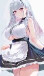  1girl absurdres apron azur_lane bare_shoulders black_hairband blush breasts clothing_cutout dido_(azur_lane) dress frills grey_hair hairband highres large_breasts long_hair looking_at_viewer lshiki purple_eyes sleeveless solo thighhighs underboob underboob_cutout white_apron white_hair white_thighhighs 