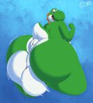  2022 absurd_res anthro anus backsack balls big_balls big_butt biped butt digital_media_(artwork) genitals green_yoshi hi_res huge_balls huge_butt hyper hyper_balls hyper_butt hyper_genitalia looking_back male mario_bros nintendo nude puffy_anus rear_view simple_background smile solo thelewdshi thick_thighs wide_hips yoshi 