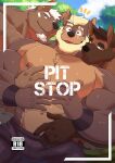  2023 abs anthro bandage_on_face beard bert_(blackclownowo) biceps black_eyes blackclown00 blonde_hair blue_eyes blue_sky bo_(juggermelon) bottomwear brown_body brown_eyes brown_fur brown_hair canid canine canis claws clothing cloud cover cover_art cover_page deltoids domestic_dog ear_piercing ear_ring facial_hair finger_claws forest fur german_shepherd goatee green_bottomwear green_clothing green_pants group hair hand_on_chest herding_dog male mammal multicolored_body multicolored_fur navel nipples notched_eyebrow pants pastoral_dog pec_grab pesc piercing plant pubes purple_bottomwear purple_clothing purple_pants ring_piercing sky surprised_expression tree trio white_hair wristband 