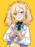  1girl @_@ black_shirt blonde_hair blue_bow blue_bowtie blush bow bowtie cardigan collared_shirt embarrassed flying_sweatdrops get_over_it._(project_sekai) lab_coat long_hair long_sleeves looking_at_viewer open_mouth project_sekai ribbon-trimmed_sleeves ribbon_trim shirt sidelocks simple_background solo sweat tears tenma_saki twintails upper_body waka_(wk4444) wing_collar yellow_background yellow_cardigan 