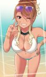  1girl bare_shoulders beach bikini black_eyes blonde_hair blue_bikini blue_nails bracelet breasts brown_hair cleavage cowboy_shot dark-skinned_female dark_skin ear_piercing earrings eyewear_on_head gradient_hair grin gyaru hand_on_own_hip highres idolmaster idolmaster_shiny_colors izumi_mei jewelry large_breasts leaning_forward long_hair looking_at_viewer multicolored_hair navel ocean one_eye_closed otsuki38 outdoors picture_frame piercing smile solo sunglasses swimsuit tan w wet white_bikini 