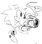  1boy animal_ears animal_nose closed_mouth commentary english_commentary frown full_body furry furry_male gloves greyscale gun handgun holding holding_gun holding_weapon male_focus monochrome murzanic shoes simple_background sketch smoke smoking_gun solo sonic_(series) sonic_the_hedgehog sonic_the_hedgehog_(classic) standing tail weapon white_background 