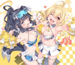  2girls ahoge animal_ears bare_shoulders black_hair blonde_hair blue_archive blue_eyes blush braid breasts checkered_floor cheerleader cleavage dog_ears dog_girl dog_tail eyewear_on_head goggles goggles_on_head halo hibiki_(blue_archive) hibiki_(cheer_squad)_(blue_archive) highres holding holding_pom_poms kotori_(blue_archive) kotori_(cheer_squad)_(blue_archive) large_breasts long_hair looking_at_viewer medium_hair millennium_cheerleader_outfit_(blue_archive) multiple_girls navel official_alternate_costume open_mouth pom_pom_(cheerleading) red_eyes revision shinozuka_atsuto single_braid smile star_sticker sticker_on_face tail thighs twintails yellow_background 