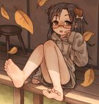  1girl :o animal_ear_piercing animal_ears autumn_leaves bone_hair_ornament brown_eyes dog_ears dog_girl ear_piercing falling_leaves feet finger_to_mouth glasses grey_hoodie hair_ornament highres hood hoodie knees_to_chest knees_together_feet_apart knees_up leaf looking_to_the_side original outdoors piercing self-harm_scar sitting soles solo syrupmelty tareme toes wooden_stool 