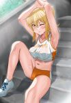  1girl armpits arms_up blonde_hair blush breasts buruma check_commentary collarbone commentary commentary_request crop_top day gym_uniform highres leg_up looking_at_viewer love_live! love_live!_nijigasaki_high_school_idol_club medium_breasts midriff miyashita_ai navel one_eye_closed outdoors parted_lips partial_commentary pokehikaxyz ponytail shadow shoes sitting sitting_on_stairs stairs steam steaming_body stone_stairs sunlight sweat thighs yellow_eyes 