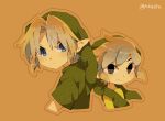  2boys artist_name blue_eyes brown_background closed_mouth green_headwear green_shirt link looking_at_viewer multiple_boys pointy_ears shirt simple_background smile the_legend_of_zelda the_legend_of_zelda:_ocarina_of_time the_legend_of_zelda:_the_wind_waker tokuura toon_link upper_body young_link 