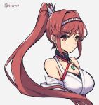  1girl bare_shoulders breasts chest_jewel cleavage commentary_request core_crystal_(xenoblade) glimmer_(xenoblade) high_ponytail highres japanese_clothes kimono looking_at_viewer mochimochi_(xseynao) ponytail red_hair solo swept_bangs white_kimono xenoblade_chronicles_(series) xenoblade_chronicles_3 xenoblade_chronicles_3:_future_redeemed 