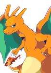  absurdres animal_focus bad_id bad_pixiv_id blue_eyes charizard claws closed_mouth dragon fangs fangs_out fire flame-tipped_tail hao_(pixiv_10705622) highres looking_at_viewer no_humans pokemon pokemon_(creature) simple_background solo standing white_background 