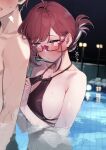  1boy 1girl 92m ahoge bikini black_bikini blurry blurry_background blush breasts brother_and_sister collarbone commentary_request folded_ponytail glasses highres jewelry kinshi_no_ane large_breasts necklace night night_sky original otouto_(92m) outdoors partially_submerged pink-framed_eyewear pink_eyes pool red_hair siblings sky swimsuit topless_male translation_request water wet 