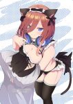  1boy 1girl animal_ears asobi_night ass_visible_through_thighs bare_shoulders black_bra black_panties black_ribbon black_thighhighs blue_eyes blush bra bra_pull breast_press breasts brown_hair cat_ears cat_tail cleavage closed_mouth clothes_pull colorized commentary cowboy_shot curvy dakimakura_(medium) english_commentary eyelashes fake_animal_ears fake_tail frilled_bra frilled_panties frilled_thighhighs frills from_above garter_straps go-toubun_no_hanayome hair_between_eyes hair_over_one_eye hair_ribbon headphones headphones_around_neck highres large_breasts lips long_hair looking_at_viewer mixed-language_commentary monochrome nakano_miku object_hug panties polka_dot polka_dot_background popon050707 pulled_by_self ribbon simple_background smile solo spanish_commentary spanish_text tail thigh_gap thighhighs thighs twitter_username uesugi_fuutarou underwear upturned_eyes white_background 