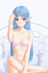  1girl aqua_hair bra breasts circlet closed_mouth commentary earrings highres jewelry lafiel long_hair looking_at_viewer miura-n315 on_bed panties pink_bra pink_panties pointy_ears seikai_no_monshou seikai_no_senki simple_background sitting small_breasts solo underwear underwear_only white_background 