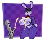  2023 animatronic annoyed anthro areola big_breasts bodily_fluids bonnie_(fnaf) bow_tie breast_grab breasts checkered_background cotton_tail crushtrap cum cum_on_breasts digital_media_(artwork) duo ejaculation eyebrows female five_nights_at_freddy&#039;s genital_fluids genitals hand_on_breast holding_breast huge_breasts human lagomorph leporid machine male male/female mammal masturbation nipples nude pattern_background penis pink_eyes purple_areola purple_background purple_body purple_nipples rabbit robot scottgames simple_background sweat sweatdrop thick_eyebrows white_background 