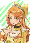  0gsan 1girl arm_up black_bow black_bowtie bow bowtie etie_(fire_emblem) fire_emblem fire_emblem_engage green_eyes highres long_hair looking_at_viewer open_mouth orange_hair swept_bangs upper_body 