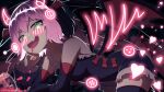  1girl arm_support bare_shoulders bat_wings bent_over black_dress black_hair bow demon_girl detached_sleeves drawn_horns dress dyed_bangs fang frills green_eyes head_wings heart highres laevatein_(tail) multicolored_hair open_mouth osu! p4ndeeeee pink_hair pippi_(osu!) red_bow smile solo tail thighhighs two-tone_hair wings zettai_ryouiki 