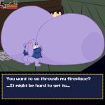  absurd_res anthro big_breasts big_butt breast_expansion breasts butt cave_story clothing detailed_background dialogue expansion female fireplace fur gameplay_mechanics hi_res huge_breasts hyper hyper_breasts immobile inflation_fetish inside kifstopher lagomorph mammal mimiga open_mouth purple_body purple_fur solo standing text torn_clothing unknown_character wardrobe_malfunction 