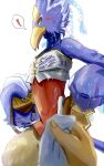  anthro avian beak blue_body blue_feathers braided_hair breath_of_the_wild chikichikitaron duo exclamation_point feathers green_eyes hair hi_res looking_at_viewer male nintendo revali rito the_legend_of_zelda towel wet wet_body wet_feathers 