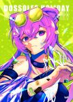  1girl animal_ears arknights arm_strap bare_shoulders bikini black_bikini choker commentary_request eyewear_on_head green_background highres lin_(arknights) long_hair looking_at_viewer mouse_ears official_alternate_costume peppsi_(saba_sabasuk0) purple_choker purple_eyes purple_hair solo sticker_on_face sunglasses swimsuit upper_body 