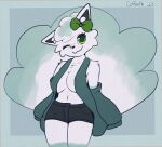  anthro bottomwear bow_(disambiguation) breasts canid canine clothing coffeefly female fox freckles green_eyes hi_res jacket juniper_(coffeefly) mammal nintendo one_eye_closed pokemon shorts smile solo standing topwear wink 