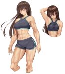  1girl abs blush brown_hair hair_between_eyes highres long_hair looking_at_viewer muscular muscular_female original ranma_(kamenrideroz) red_eyes shorts smile sportswear toned white_background 