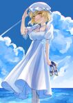  1girl absurdres blonde_hair closed_mouth cloud cloudy_sky day dress feet_out_of_frame hair_between_eyes hat highres holding holding_clothes holding_footwear kinese_(katasutorohu) maribel_hearn mob_cap outdoors sandals short_hair short_sleeves sky smile solo touhou white_dress white_headwear yellow_eyes 
