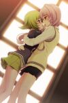  2girls backlighting bare_legs black_jacket black_skirt blush brown_eyes capella_(sumaga) deneb_(sumaga) eye_contact game_cg green_hair green_skirt grey_hair highres hug imminent_kiss jacket long_hair long_sleeves looking_at_another medium_hair miniskirt multiple_girls open_mouth pleated_skirt purple_eyes school_uniform shirt skirt standing straight_hair sumaga sweater sweater_vest tsuji_santa white_shirt yellow_sweater yuri 