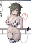  ! 1girl absurdres akitsu_maru_(kancolle) alternate_costume animal_ears animal_print bikini black_eyes black_hair breasts cow_ears cow_horns cow_print cow_tail cowboy_shot fake_animal_ears fake_horns front-tie_bikini_top front-tie_top highres horns index_fingers_raised kantai_collection large_breasts lowleg lowleg_bikini pale_skin pointing pointing_at_self short_hair solo spoken_exclamation_mark swimsuit tail tf_cafe thighhighs twitter_username white_thighhighs 