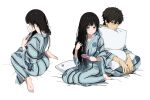  1boy 1girl artist_logo bath_yukata black_hair blush brown_hair brushing_hair chitanda_eru feet green_eyes highres hyouka japanese_clothes kimono long_hair looking_at_viewer mery_(yangmalgage) obi oreki_houtarou pillow purple_eyes sash short_hair simple_background sitting smile white_background yukata 