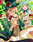  2boys 4_(nakajima4423) alice_(alice_in_wonderland) alice_(alice_in_wonderland)_(cosplay) aqua_eyes bishounen blonde_hair blue_hair cosplay cup ensemble_stars! green_headwear green_jacket holding holding_cup jacket light_blue_hair looking_at_viewer mad_hatter_(alice_in_wonderland) mad_hatter_(alice_in_wonderland)_(cosplay) male_focus multiple_boys one_eye_closed open_mouth purple_eyes shino_hajime short_hair smile tea_party_(ensemble_stars!) teacup teeth tenshouin_eichi 