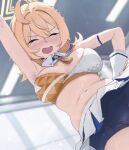  1girl ahoge akita_hika arm_up armpits bike_shorts bike_shorts_under_skirt black_shorts blonde_hair blue_archive blush breasts cheerleader closed_eyes gloves halo highres holding holding_pom_poms indoors kotori_(blue_archive) kotori_(cheer_squad)_(blue_archive) large_breasts millennium_cheerleader_outfit_(blue_archive) muffin_top navel official_alternate_costume open_mouth pom_pom_(cheerleading) shirt short_hair short_twintails shorts skirt solo tears twintails white_gloves white_shirt white_skirt yellow_halo 