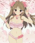  1girl ahoge ass_visible_through_thighs bikini blush branch breasts brown_eyes brown_hair bun_cover cherry_blossoms cleavage collarbone double_bun earrings falling_petals flower frilled_bikini frills groin hair_bun highres jewelry large_breasts long_hair looking_at_viewer navel official_art pendant petals pink_bikini pink_bracelet plant renka_(senran_kagura) senran_kagura senran_kagura_estival_versus smile solo sparkle swimsuit tomoe_(symbol) v yaegashi_nan 