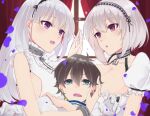  1boy 2girls age_difference azur_lane brown_hair caressing choker commander_(azur_lane) dido_(azur_lane) dress face_hold green_eyes headband highres holding_hands little_boy_commander_(azur_lane) multiple_girls onee-shota pink_eyes purple_eyes sirius_(azur_lane) white_dress white_hair 