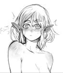 1girl blush collarbone ear_blush greyscale highres looking_at_viewer medium_hair monochrome nude parted_lips pointy_ears princess_zelda simple_background solo the_legend_of_zelda upper_body white_background yourfreakyneighbourh 