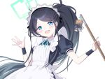  &lt;key&gt;_(robot)_(blue_archive) 1girl absurdly_long_hair absurdres apron aris_(blue_archive) aris_(maid)_(blue_archive) black_dress black_hair blue_archive blue_eyes blush dress frilled_apron frills green_halo halo highres long_hair looking_at_viewer maid maid_headdress official_alternate_costume open_mouth ponytail puffy_short_sleeves puffy_sleeves short_sleeves simple_background smile solo upper_body ushiroki very_long_hair white_apron white_background 