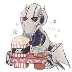  1boy cyborg energy_sword food general_grievous highres lightsaber musical_note nakata_shizu popcorn science_fiction simple_background soda solo star_wars star_wars:_revenge_of_the_sith sword weapon white_background 
