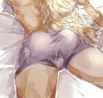  1boy ame_ekai ass ass_focus bara blonde_hair boxers bulge feet_out_of_frame from_above head_out_of_frame highres killer_(one_piece) long_hair lower_body lying male_focus male_underwear muscular muscular_male on_bed on_stomach one_piece purple_male_underwear solo thighs underwear very_long_hair 