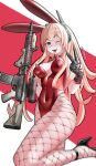  1girl ;d absurdres animal_ears artist_name assault_rifle blonde_hair breasts cleavage covered_navel cowboy_shot english_commentary fake_animal_ears fangs fishnet_pantyhose fishnets girls&#039;_frontline gun high_heels highres holding holding_gun holding_weapon large_breasts leg_up leotard long_hair looking_at_viewer m4_carbine m4_sopmod_ii m4_sopmod_ii_(girls&#039;_frontline) mechanical_arms multicolored_hair neptune_zx one_eye_closed open_mouth pantyhose playboy_bunny rabbit_ears red_eyes red_leotard rifle simple_background single_mechanical_arm smile solo streaked_hair thick_thighs thighs tongue v weapon 