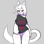  &lt;3 :3 anthro ash_(tfwnocatgirlgf) blush bottomless clothed clothing domestic_cat ear_piercing english_text eyebrow_piercing facial_piercing felid feline felis female fur hair hi_res inviting long_shirt mammal piercing pulling_shirt_down red_eyes shirt shirt_only short_hair simple_background suggestive tail text text_on_clothing text_on_shirt text_on_topwear tfwnocatgirlgf topwear topwear_only white_body white_fur white_hair 