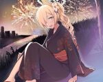  1girl aerial_fireworks animal_ear_fluff animal_ears asymmetrical_bangs black_kimono blonde_hair blue_archive blue_eyes blush breasts emirio_(emirio110) feet_out_of_frame fireworks floral_print flower fox_ears grass hair_flower hair_ornament hair_over_one_eye halo highres japanese_clothes kanna_(blue_archive) kimono knees_together_feet_apart knees_up large_breasts long_bangs long_hair looking_at_viewer night obi on_ground one_eye_covered open_mouth outdoors ponytail sandals sash sharp_teeth sitting smile solo teeth very_long_hair yukata 