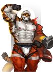  2023 abs absurd_res anthro armor black_clothing black_gloves black_handwear clothing crotch_harness felid felix_(imato) fingerless_gloves firefighter_helmet firefighter_uniform flexing_bicep fur gloves handwear headgear helmet hi_res holding_hose hose jacket looking_at_viewer male mammal multicolored_body multicolored_fur muscular muscular_anthro muscular_male muscular_thighs nipples obliques one_sleeve_on orange_body orange_fur pantherine pecs red_clothing red_jacket red_topwear serratus smile solo standing striped_body striped_fur stripes tiger topwear traver009 two_tone_body two_tone_fur uniform unzipped_bodysuit vein veiny_muscles whiskers white_body white_fur 