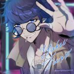 1boy aosugi_maru blue-tinted_eyewear blue_eyes blue_hair blurry blurry_background brown_coat character_name cigarette coat collared_shirt commentary_request facial_hair glasses grin hand_up highres long_sleeves looking_at_viewer male_focus master_detective_archives:_rain_code open_mouth round_eyewear shirt short_hair smile solo stubble teeth tinted_eyewear twitter_username upper_body white_shirt yakou_furio 