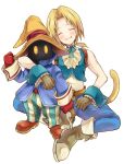  2boys arm_around_shoulder ascot belt belt_buckle black_mage blonde_hair blue_jacket blue_ribbon blue_vest blush boots brown_footwear brown_gloves buckle closed_eyes commentary_request final_fantasy final_fantasy_ix gloves hat highres jacket low_ponytail monkey_tail multiple_boys neck_ribbon pants parted_lips quichi_91 ribbon sitting smile standing striped striped_pants tail vest vivi_ornitier white_background wizard_hat yellow_eyes zidane_tribal 