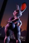  3d_(artwork) 4:5 absurd_res bedroom_eyes big_breasts breasts buckteeth city cityscape clothing digital_media_(artwork) disney eyelashes female fever-dreamer fur grey_body grey_fur hand_on_butt hi_res inside judy_hopps lagomorph leporid looking_at_viewer looking_back mammal multicolored_body multicolored_ears multicolored_fur muscular muscular_female narrowed_eyes purple_eyes rabbit seductive smile solo standing sunset teeth thick_thighs two_tone_body two_tone_ears two_tone_fur white_body white_fur zebjo zootopia 